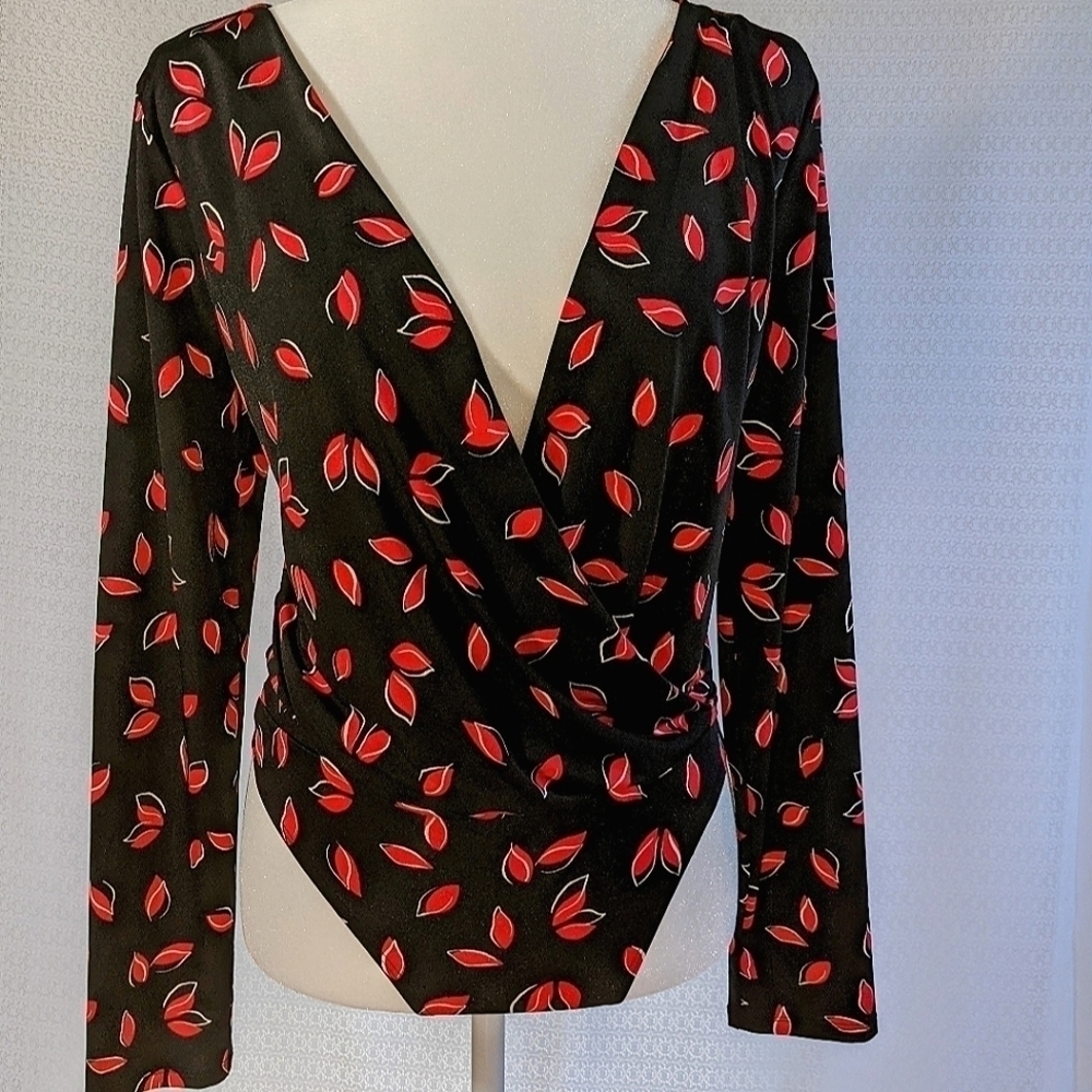 Petal Print Surplice Long Sleeve Red & Black Bodysuit NWT